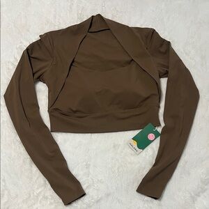 HALARA Chocolate Brown Long Sleeve Cropped Wrap Top